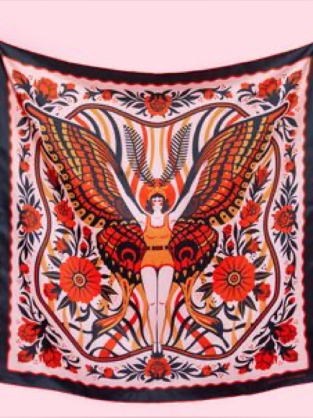 Hellcats USA Moth Girl Silk Scarf 35” Art Deco Hand Rolled Edges w/ Box